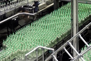 Bottles on a conveyor belt at a packaging facility.